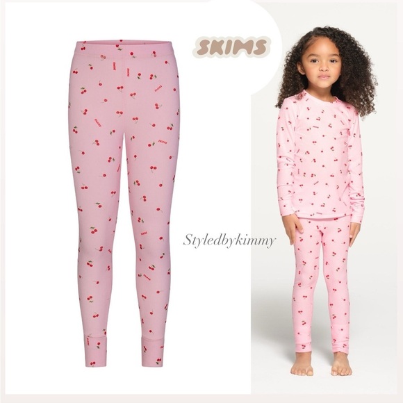 SKIMS Soft Lounge Ribbed Pants Tights Little Girl Youth NEW Cherry Blossom Print - Picture 7 of 7